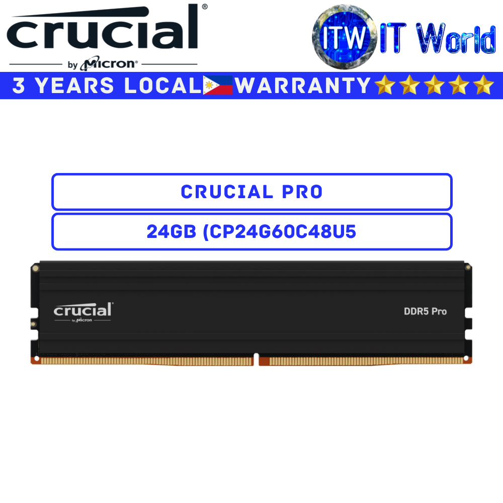 Crucial DDR5 RAM 24GB 6000Mhz Pro UDIMM Unbuffered Single Kit Desktop Memory (CP24G60C48U5)