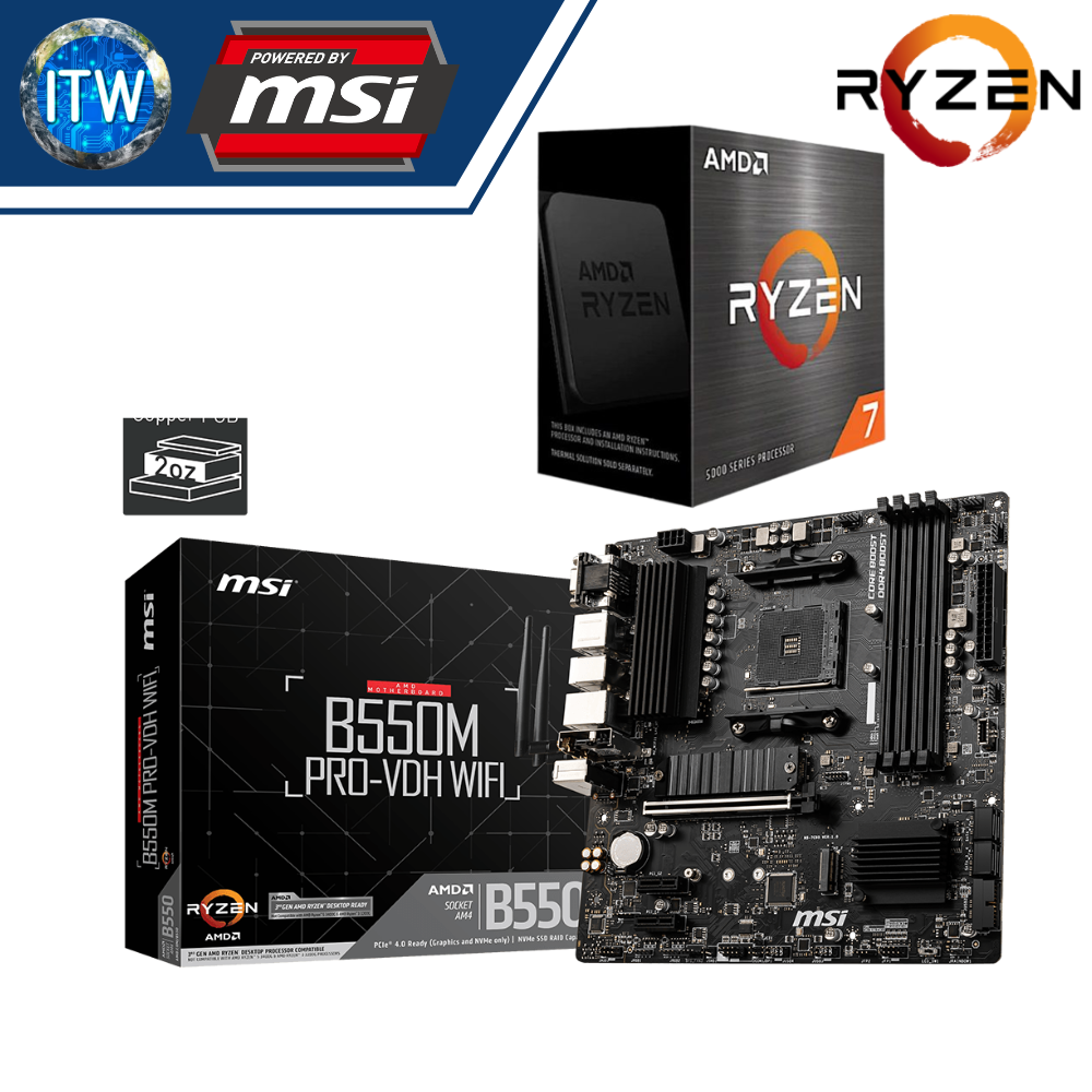 ITW | AMD Ryzen 7 5700X Tray Desktop Processor with MSI B550M Pro-VDH WiFi Motherboard Bundle