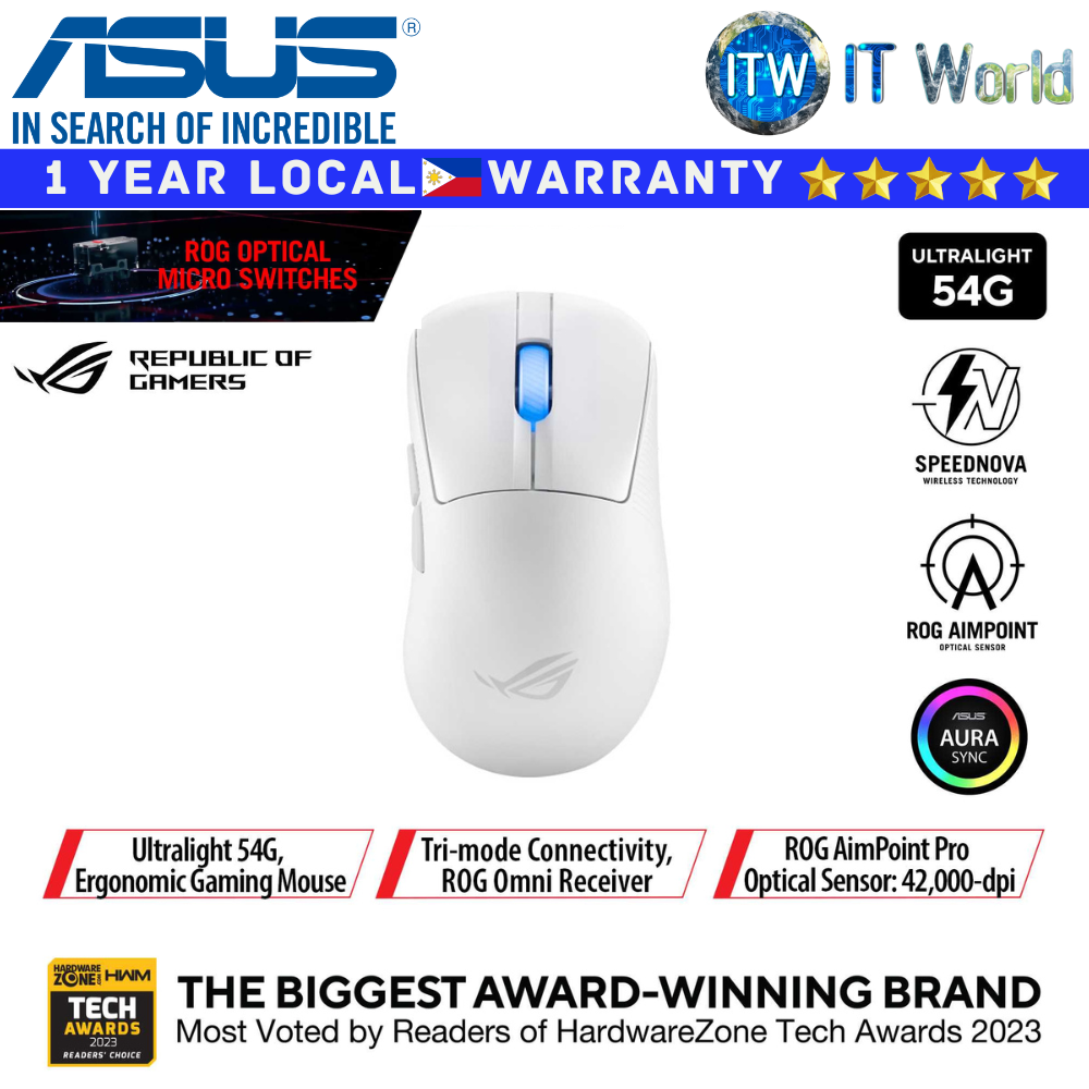 Itw | ROG Keris II Ace 54g Lightweight, 42k Optical Sensor, Speednova Wireless, Polling Rate Booster (White)