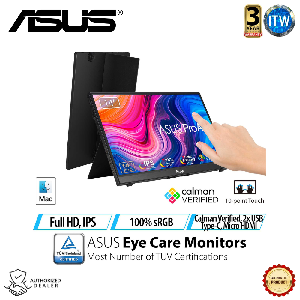 ASUS ProArt Display PA148CTV Portable Professional Monitor - 14-inch, IPS, Full HD (1920 x 1080), 100% sRGB, 100% Rec.709, Color Accuracy ΔE &lt; 2, Calman Verified, USB-C, 10-point Touch