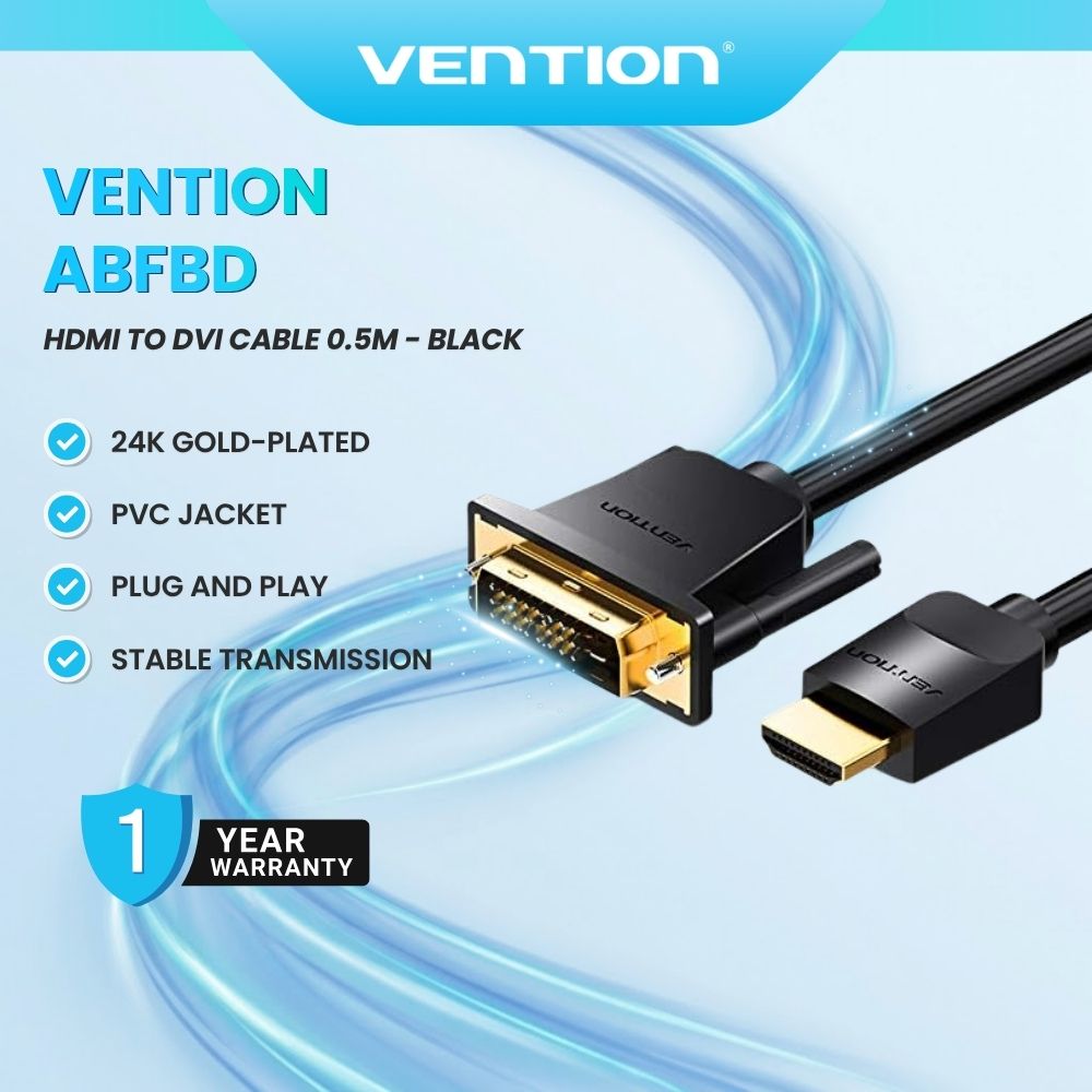 Vention ABFBD 0.5m 24K Gold-Plated Connector Stable Transmission HDMI to DVI Cable - Black