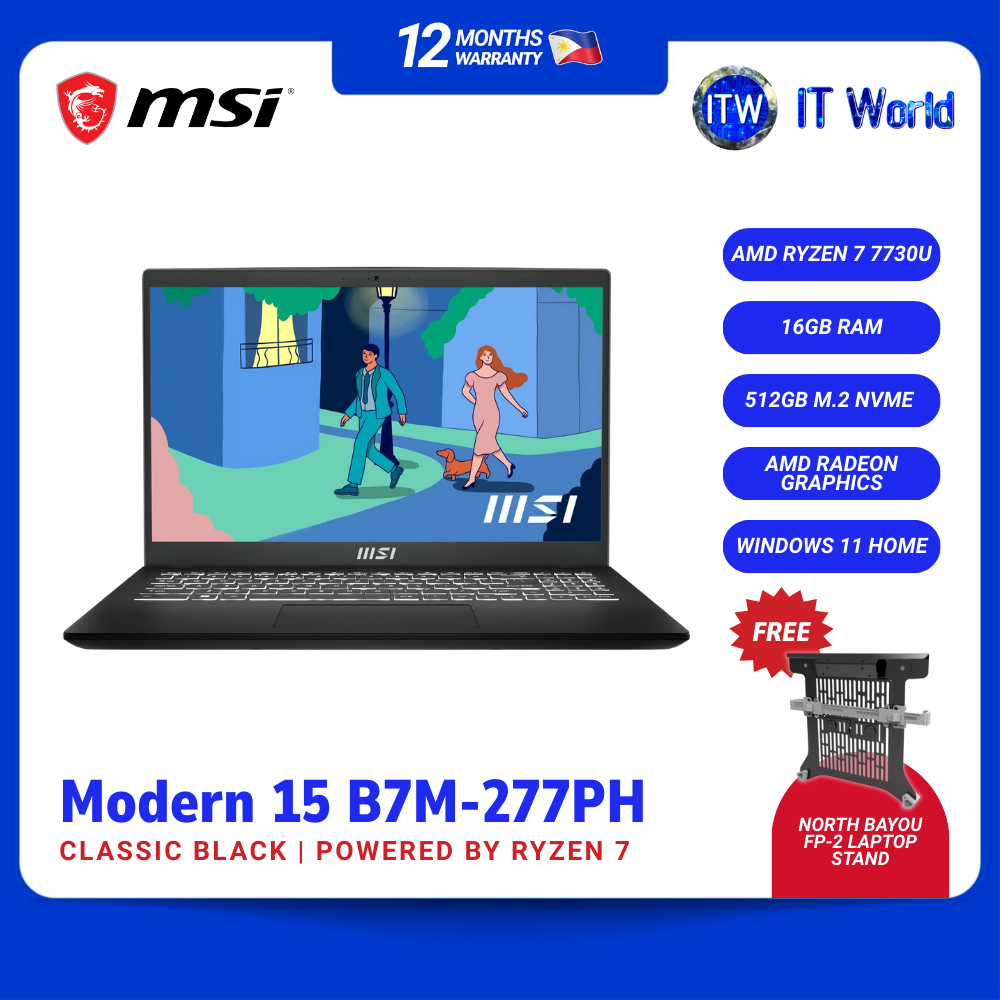 MSI Modern 15 B7M-277PH Laptop | Ryzen 7 7730U / 16GB RAM / 512GB SSD / 15.6" FHD / Win 11 Home | itw