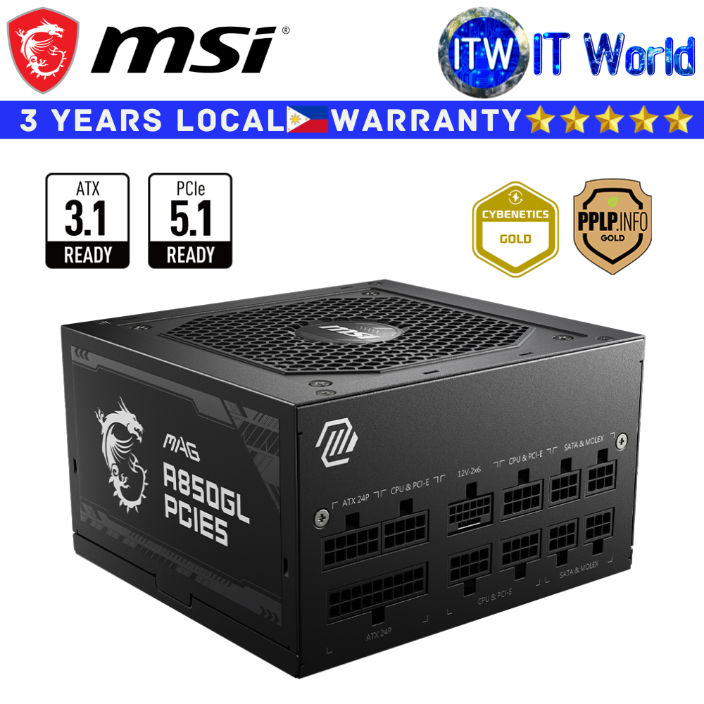 MSI PSU 850W Power Supply Unit MAG A850GL PCIE5 80+ Gold Full Modular (Black)