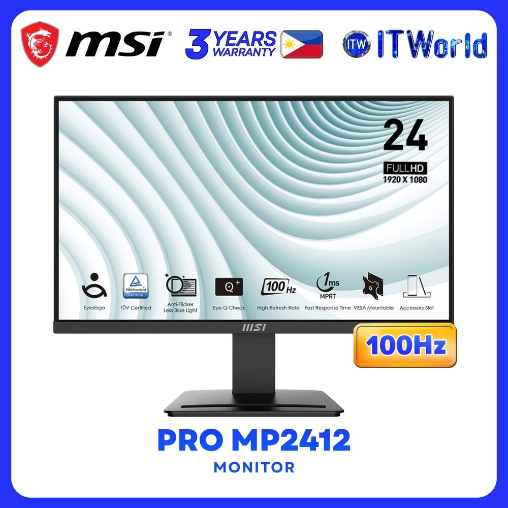 MSI PRO MP2412 - 23.8" 1920x1080 FHD / 100Hz / VA / 1ms MPRT, 4ms GTG / Frameless Monitor