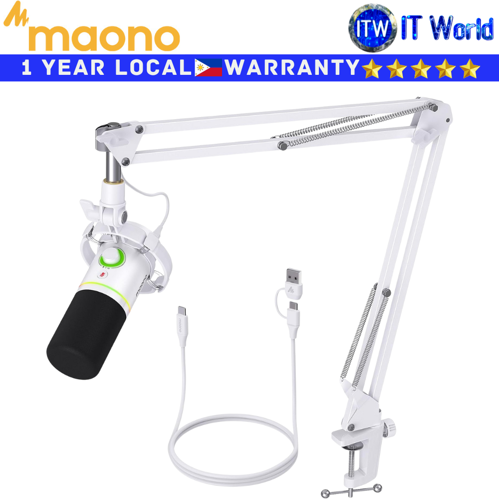 Maono Gaming Microphone PD200XS RGB USB/XLR Dynamic Set with Boom Arm (White)