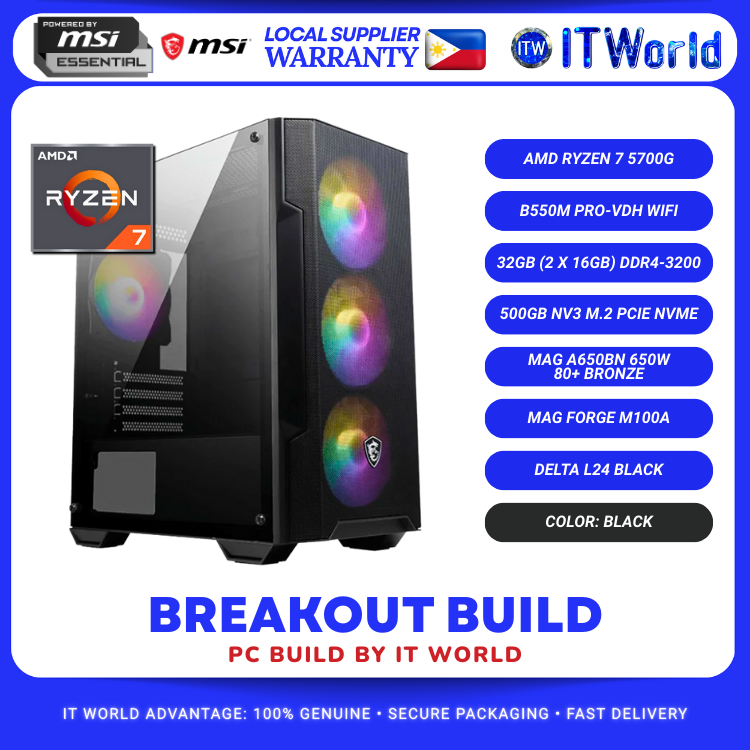 Breakout PC Build - MSI B550M PRO-VDH WIFI, Ryzen 7 5700G, 32GB RAM, 500GB NVMe SSD build by itw