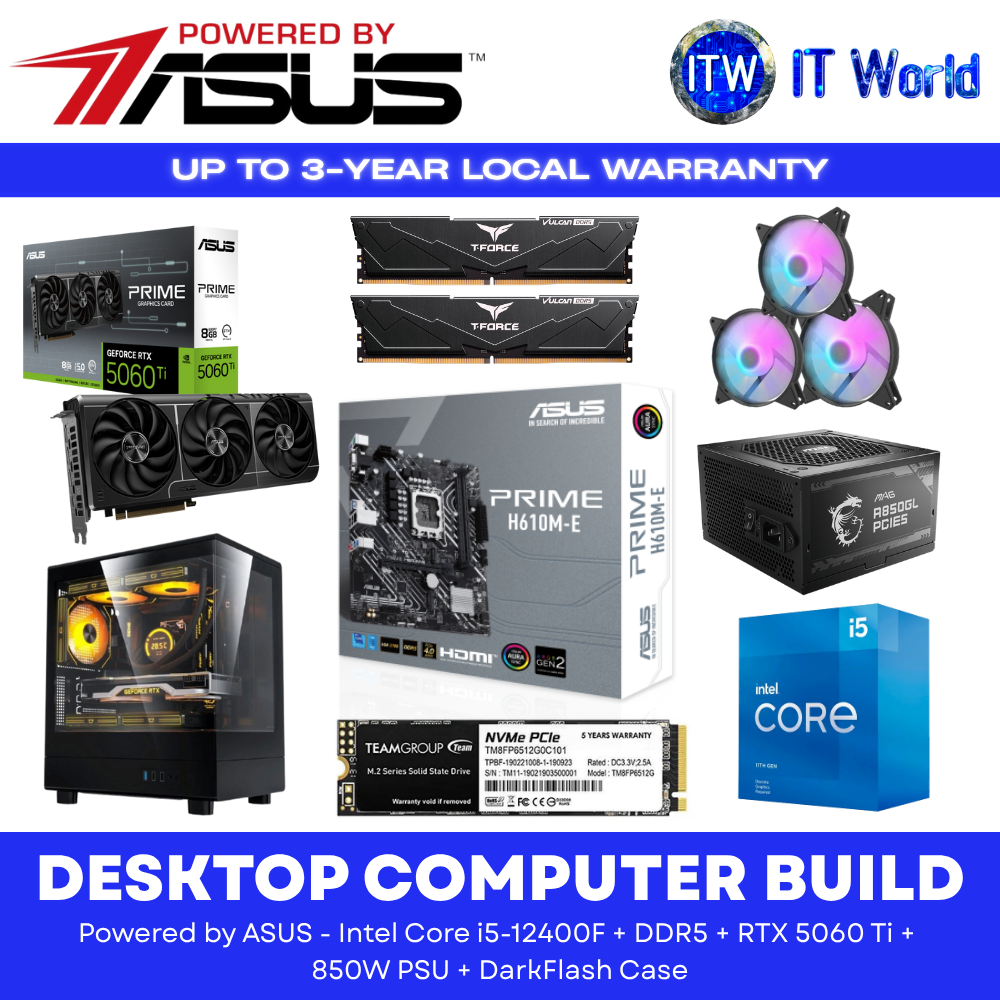 Desktop PC Build Powered by ASUS - Intel Core i5-12400F + DDR5 + RTX5060 Ti + 850W + DarkFlash Case