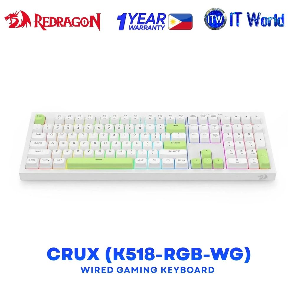 Redragon K518 Crux 108 Keys 100% Layout Wired Membrane Gaming Keyboard White Green K518-RGB-WG