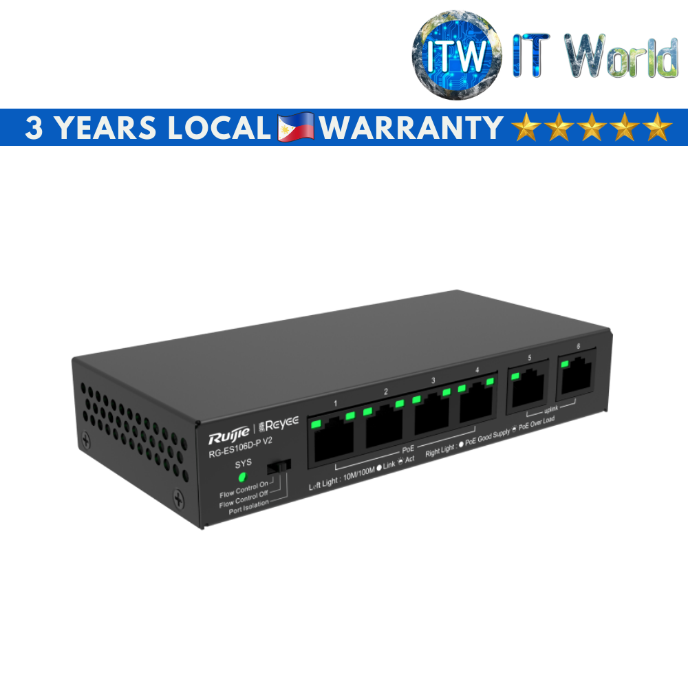 Ruijie Reyee RG-ES106D-P V2, 6-port 10/100Mbps Desktop Unmanaged Switch