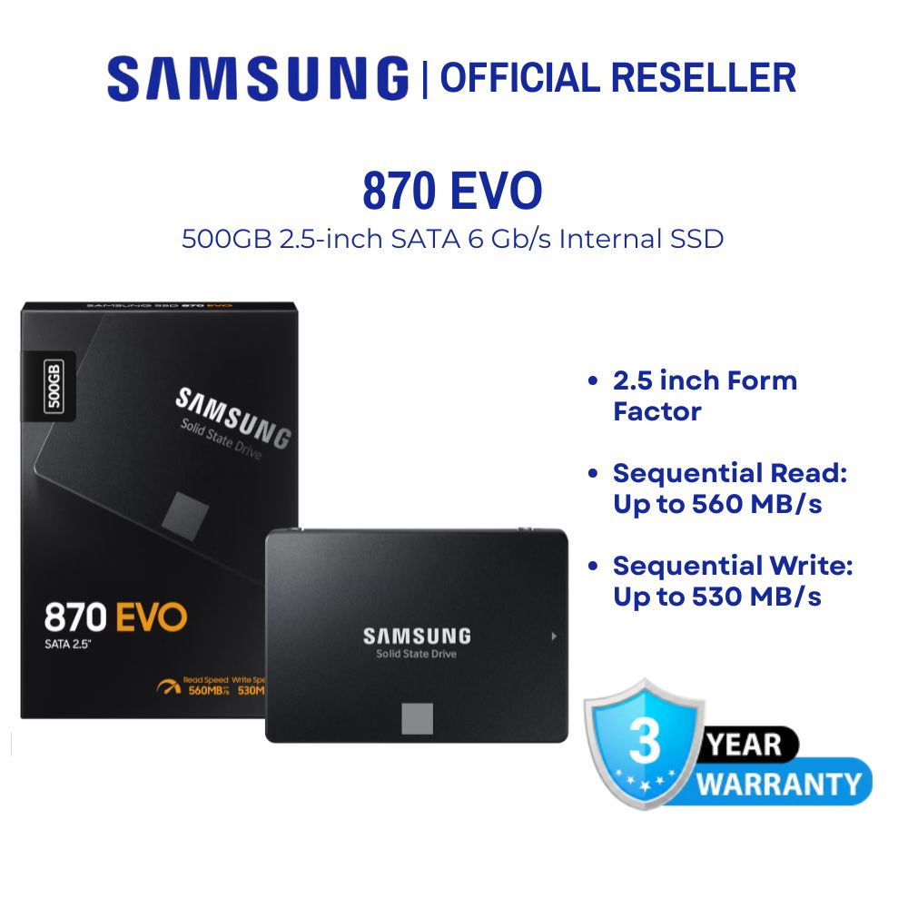 Samsung 870 EVO 500GB 2.5-inch SATA 6Gb/s Internal SSD - MZ-77E500BW