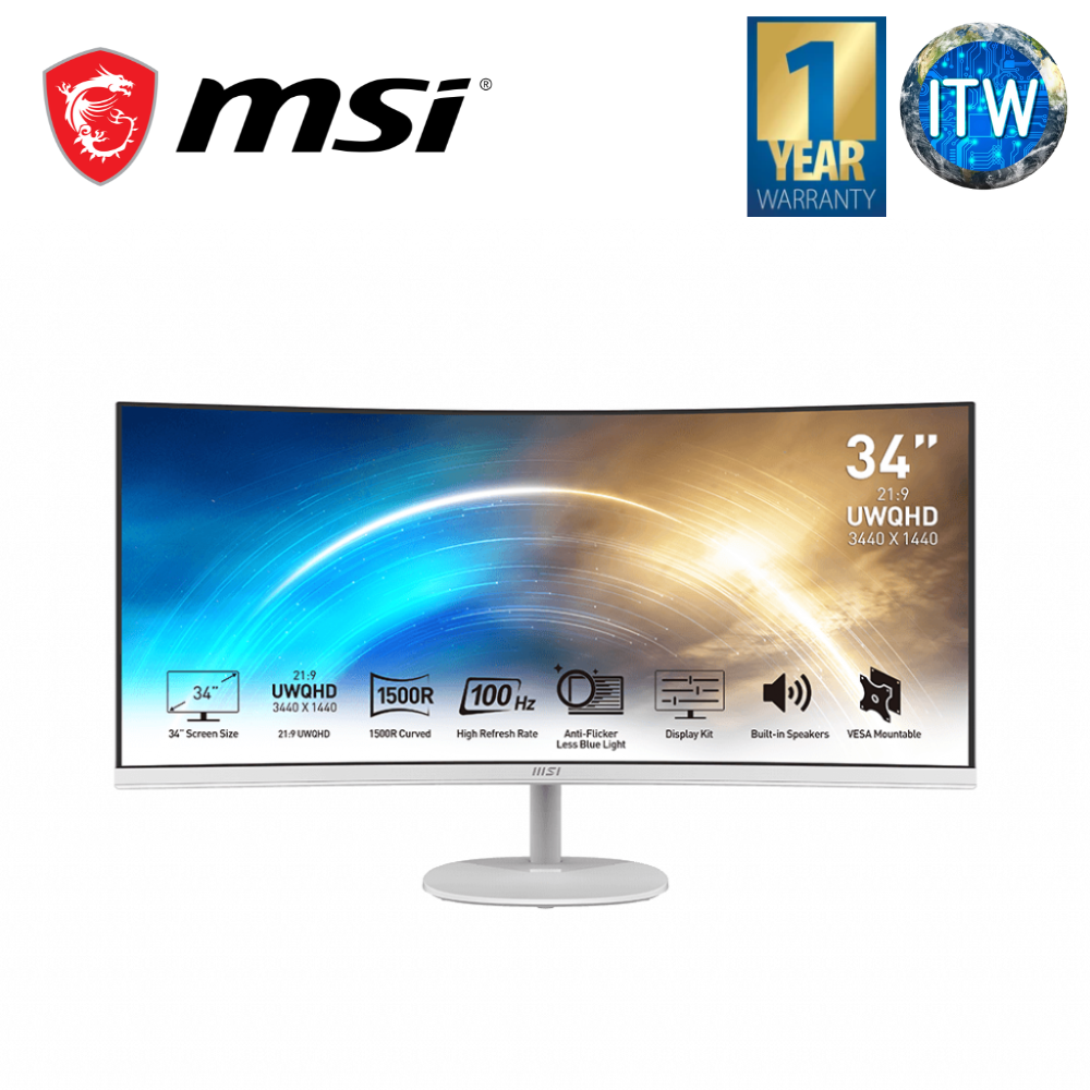 MSI Pro Mp341cqw 34&quot; 3440 X 1440 Uwqhd Curved 100 Hz Business Productivity Monitor