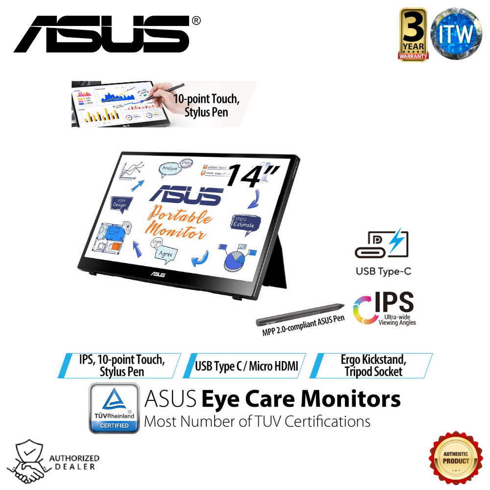 Asus ZenScreen Ink MB14AHD - 14&quot;, FHD (1920 x 1080) IPS, 10-point touch, Stylus Pen, USB Type-C, Micro HDMI, ergo kickstand, tripod socket, ASUS Flicker Free and Low Blue Light Portable Monitor