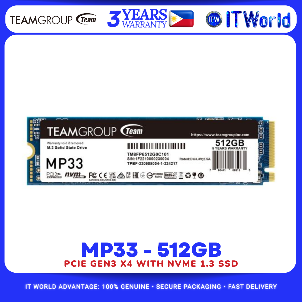 Teamgroup MP33 512GB NVMe 1.3 PCIe Gen3x4 M.2 2280 SSD for Laptop & Desktop TM8FP6512G0C101