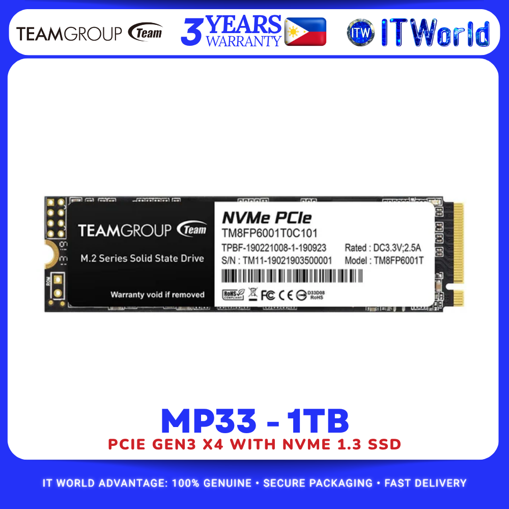 TeamGroup MP33 1TB NVMe 1.3 PCIe Gen3x4 M.2 2280 SSD for Laptop & Desktop TM8FP6001T0C101 itw