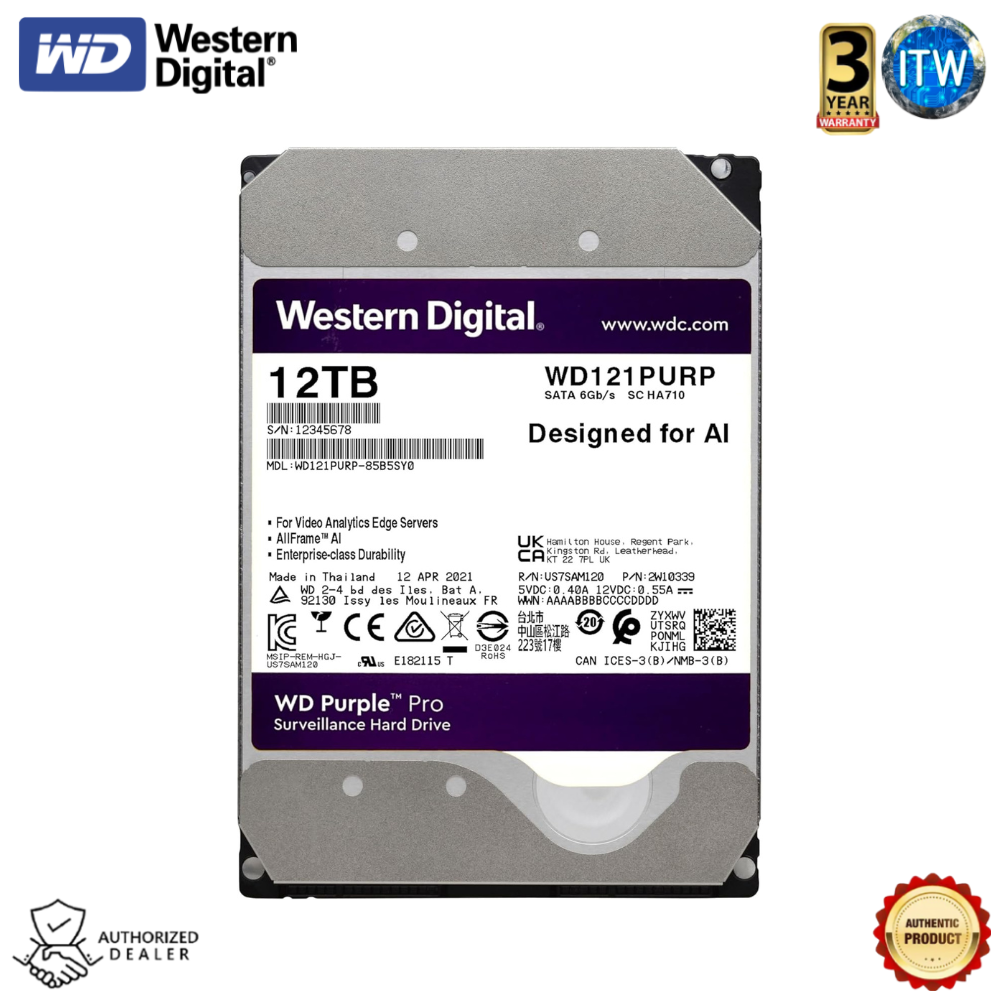 Western Digital Hard Drive HDD Purple Pro Sureveillance 3.5" SATA Internal 12TB (WD121PURP)