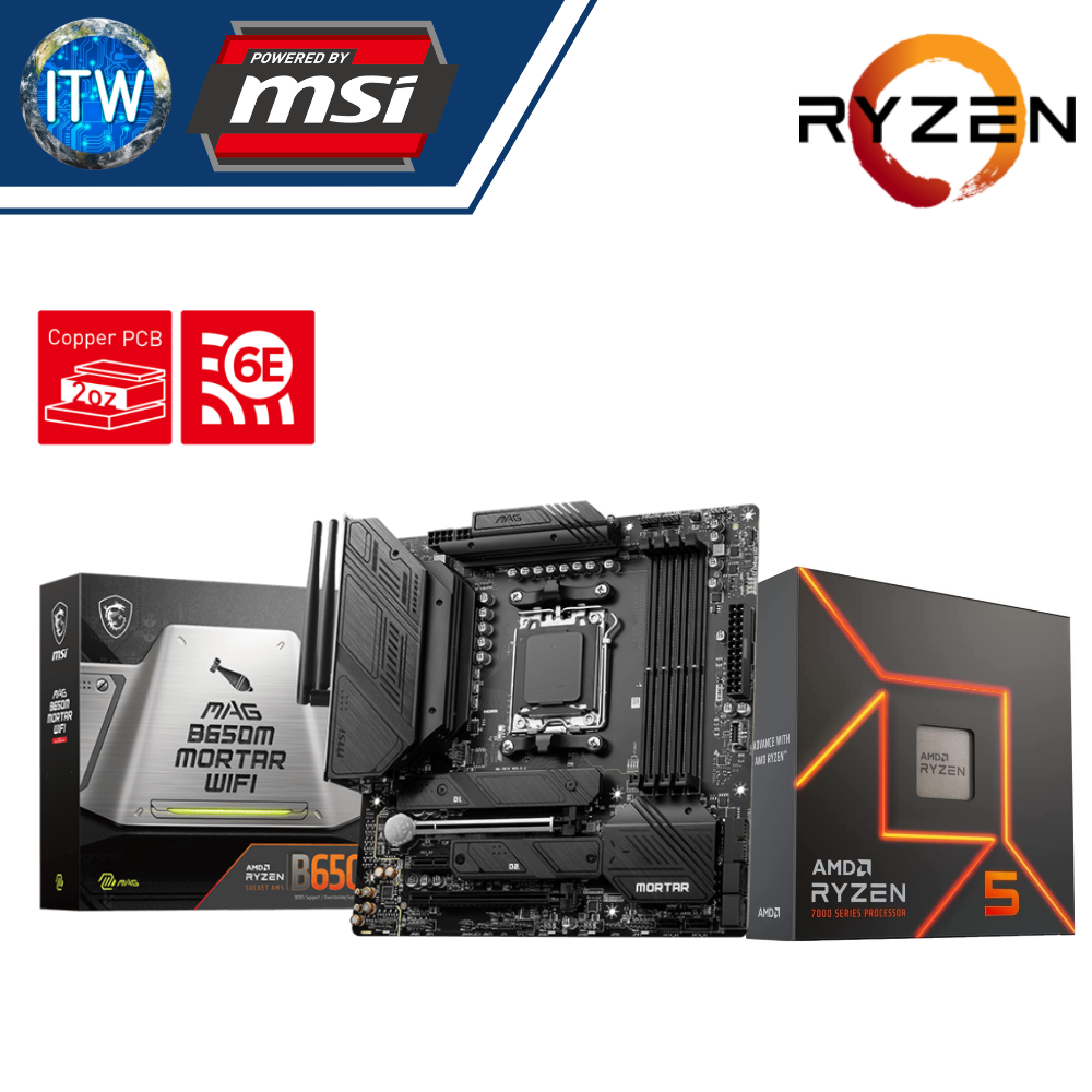 AMD Ryzen 5 7600X Desktop Processor w/o Cooler with MSI MAG B650M Mortar WiFi Motherboard Bundle