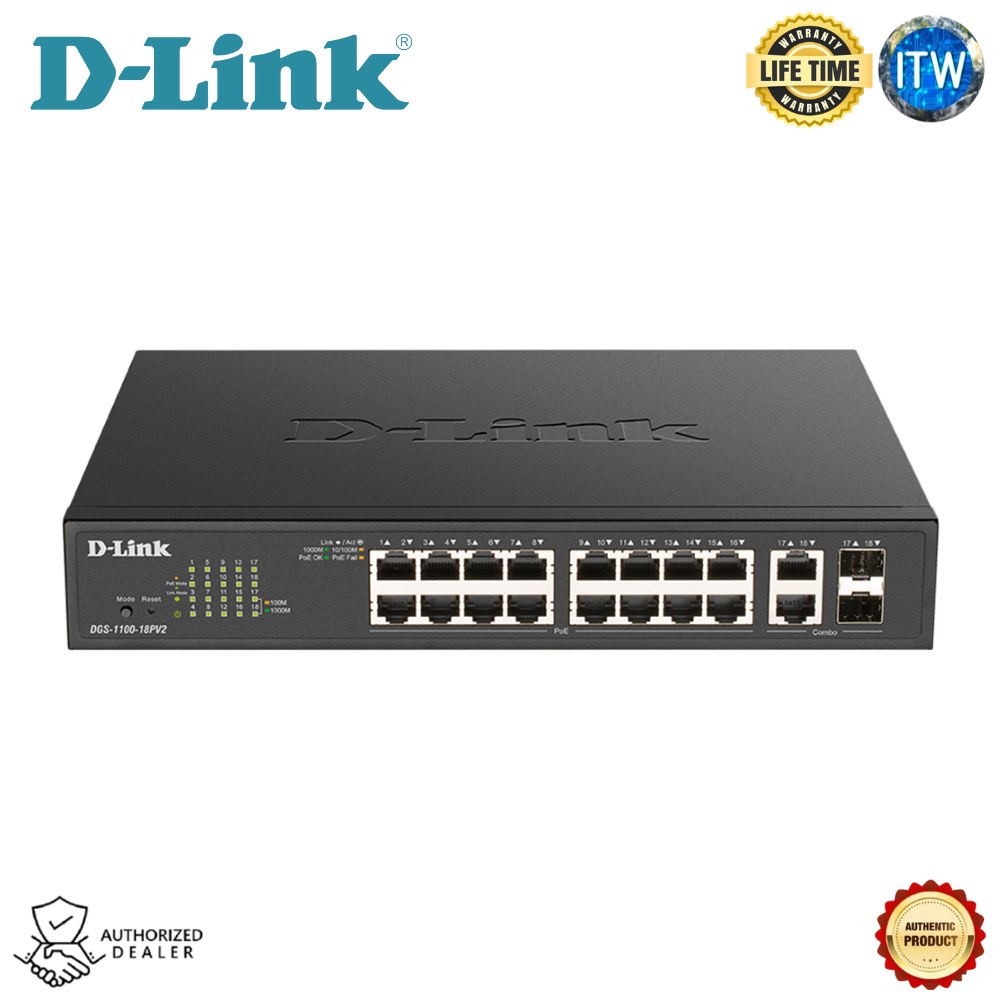 DLINK 18-Port Gigabit Smart Managed PoE Switch with 16PoE and 2Combo RJ45/SFP ports (DGS-1100-18PV2)
