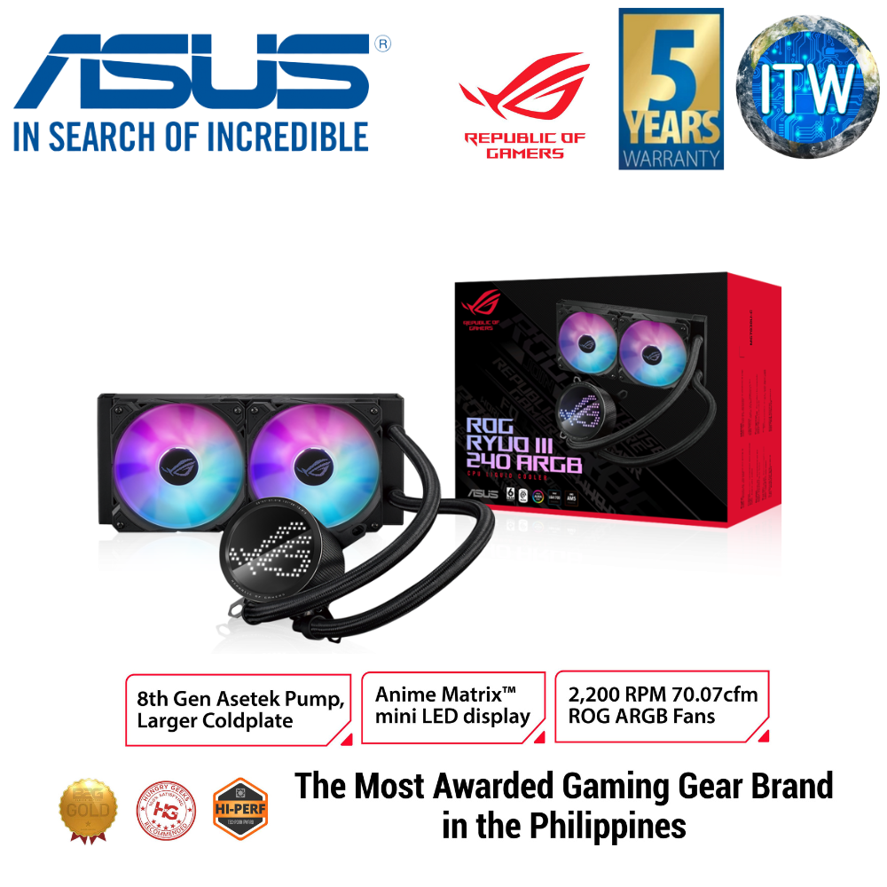 ASUS ROG Ryuo III 240 all-in-one CPU liquid color with Asetek 8th gen pump solution, Anime Matrix™ LED Display and ROG ARGB cooling fans
