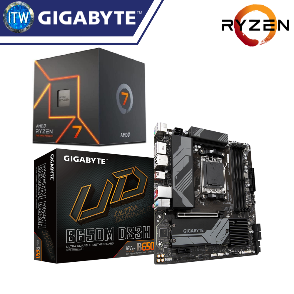 ITW | AMD Ryzen 7 7700 Desktop Processor with Gigabyte B650M DS3H Motherboard Bundle