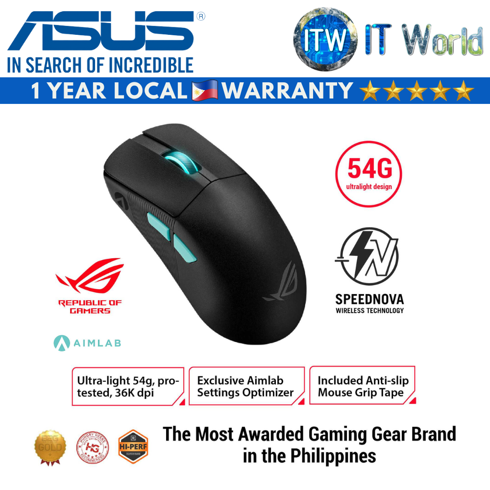 Itw | Asus ROG Harpe Ace Aim Lab Edition Wireless Gaming Mouse, 54 g Lightweight, 2.4GHz RF, Bluetooth, 36K DPI Sensor, 5 Buttons, ROG SpeedNova, ROG Omni Receiver, Esports &amp; FPS Gaming, Black