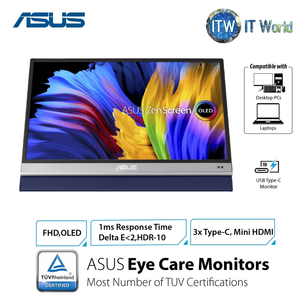ITW | ASUS ZenScreen OLED MQ13AH portable monitor – 13.3-inch FHD (1920 x 1080), OLED, 100% DCI-P3, 1 ms Response Time, Delta E &lt; 2, HDR-10, USB-C, Mini HDMI , Proximity Sensor, Smart Case, Flicker Free, Low Blue Light