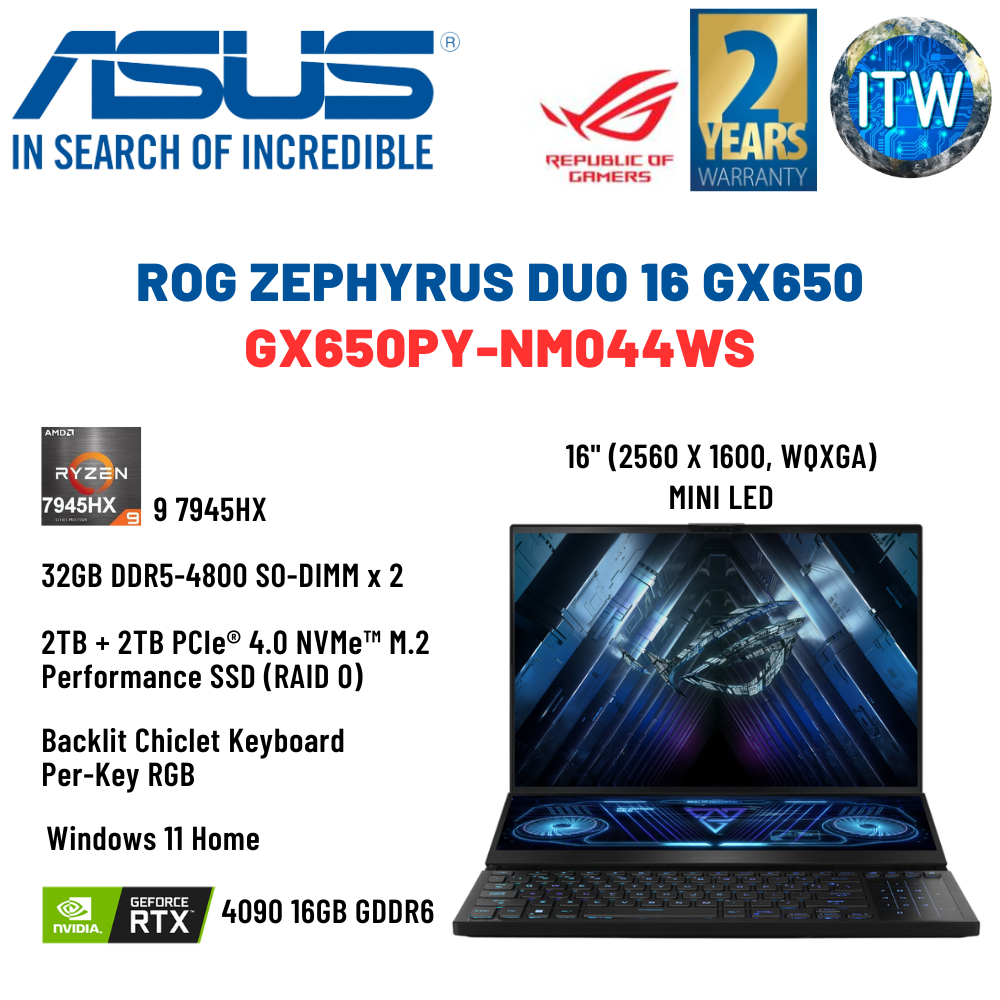 ASUS ROG Zephyrus Duo 16 GX650 Black AMD Ryzen 9 7945HX | GeForce RTX 4090 | 16&quot; (2560x1600, WQXGA) | 32GB DDR5-4800 SO-DIMM x 2 | 2TB + 2TB PCIe 4.0 NVMe M.2 SSD Gaming Laptop ITWorld (GX650PY-NM044WS)