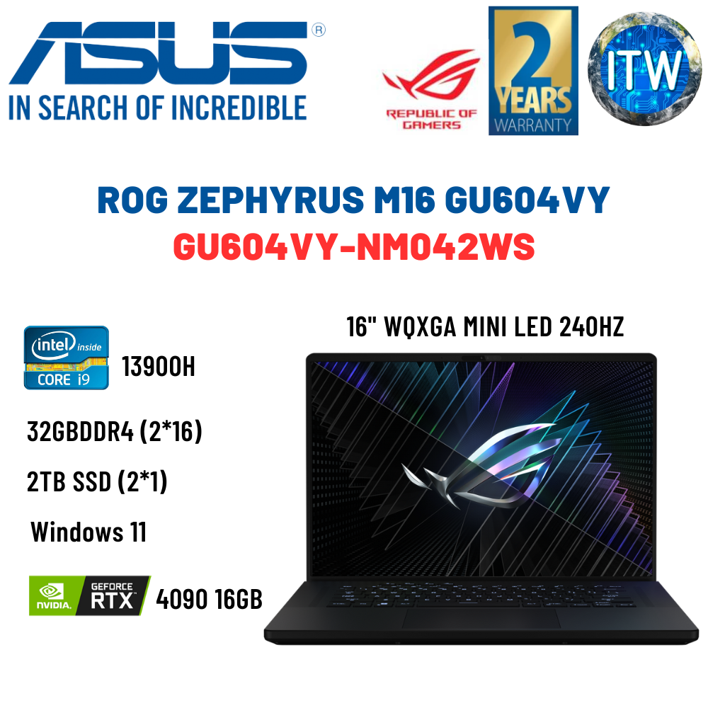 ASUS ROG Zephyrus M16 GU604VY Black Intel Core i9-13900H | 16GB RTX4090 | 16&quot; WQXGA Mini LED 240Hz | 32GBDDR4 (2*16) Memory | 2TB SSD (2*1) Gaming Laptop ITWorld (GU604VY-NM042WS)
