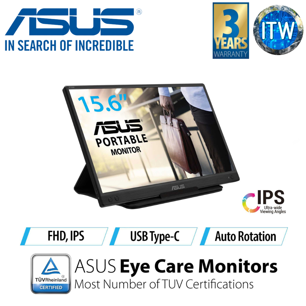 ITW | ASUS ZenScreen Portable Monitor 15.6&quot; 1080P FHD Laptop Monitor (MB166C) - IPS USB-C Travel Monitor, Flicker-free and Blue Light Filter w/Smart Cover, External Monitor For Laptop &amp; Macbook