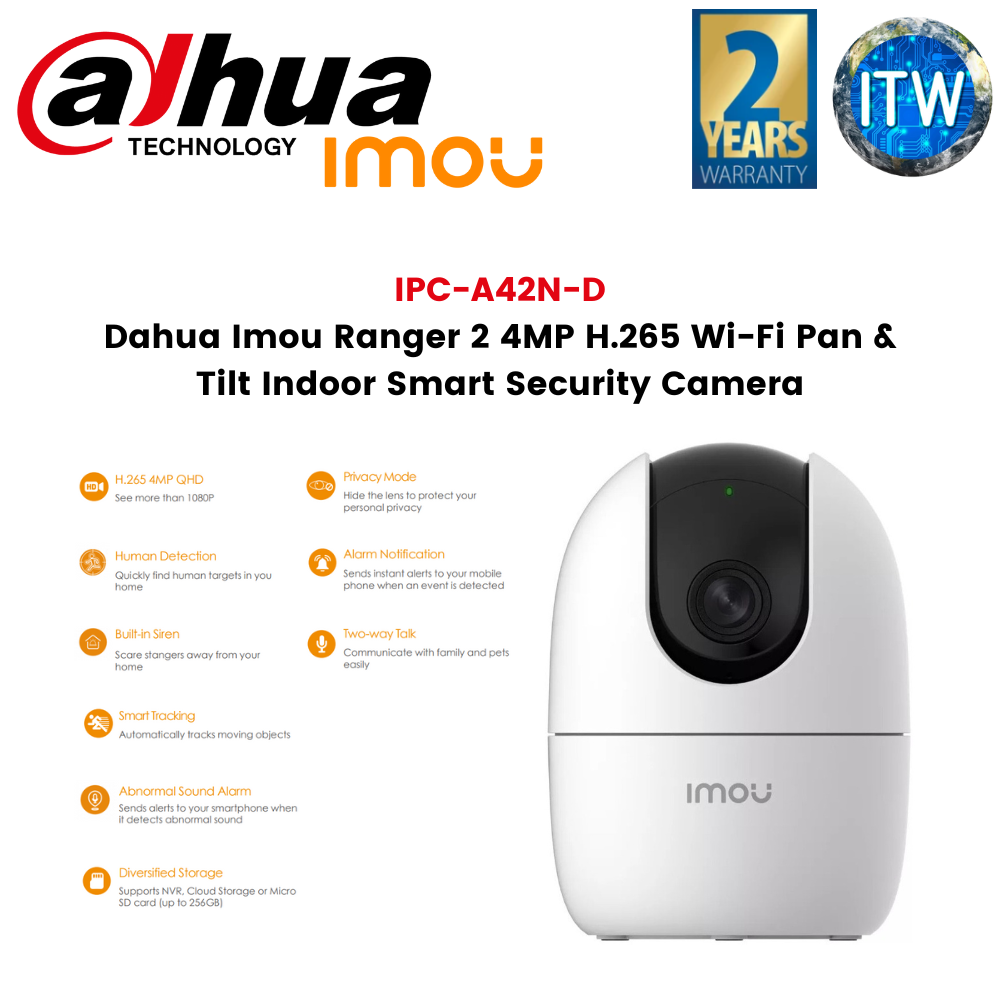 ITW | Dahua Imou Ranger 2 4MP H.265 Wi-Fi Pan &amp; Tilt Indoor Smart Security Camera (IPC-A42N-D)