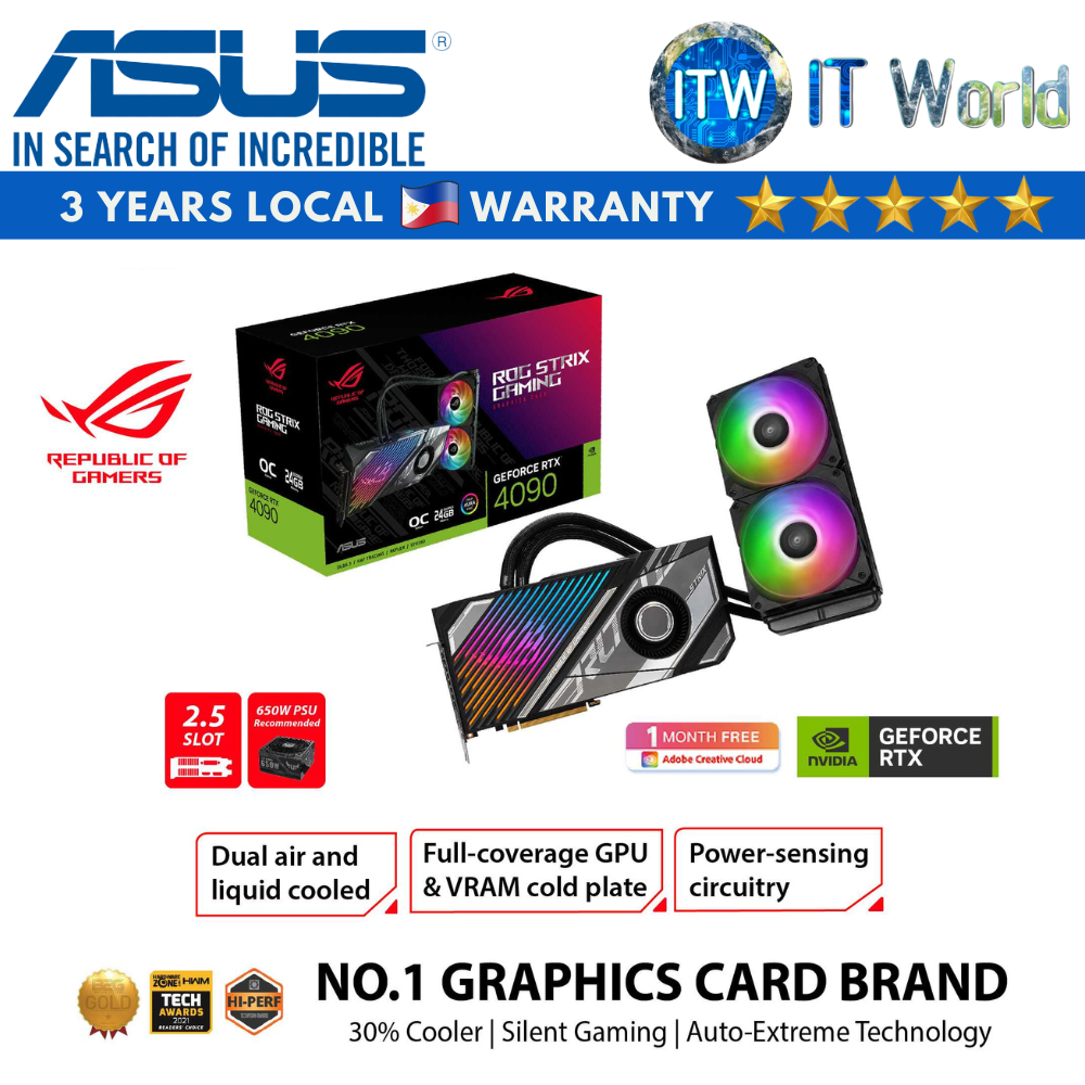 ASUS ROG Strix LC NVIDIA GeForce RTX™ 4090 Gaming Graphics Card (PCIe® 4.0, 24GB GDDR6X, HDMI® 2.1, DisplayPort™ 1.4a, full-coverage cold plate, 240 mm radiator, 560 mm tubing)
