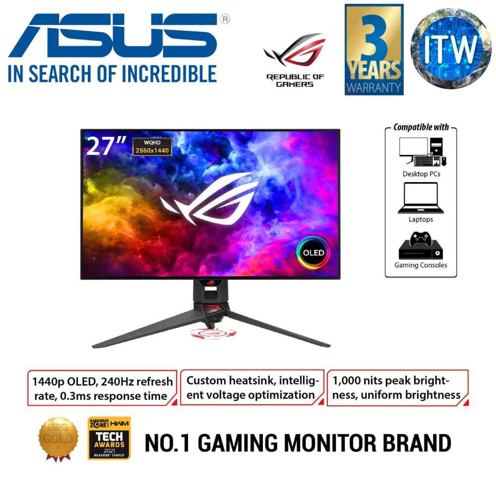 ITW | ASUS ROG Swift OLED PG27AQDM gaming monitor ― 27-inch (26.5-inch viewable), 1440p, OLED, 240Hz, 0.03ms, anti-glare, custom heatsink, uniform brightness, 99% DCI-P3, DisplayWidget Center