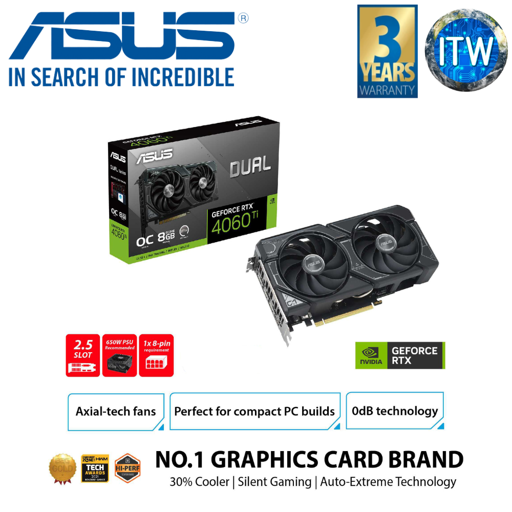 ITW | ASUS Dual GeForce RTX 4060 Ti OC Edition 8GB GDDR6 Graphic Card (DUAL-RTX4060TI-O8G)