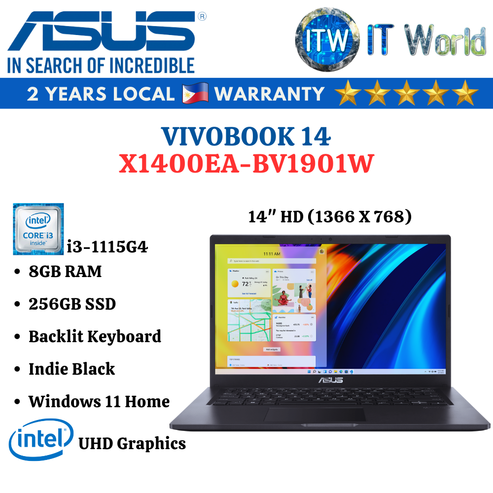 Asus Vivobook 14 i3-1115G4 14&quot; (1366 x 768) HD, 8GB RAM, 256GB SSD Laptop ITWorld (X1400EA-BV1901W)