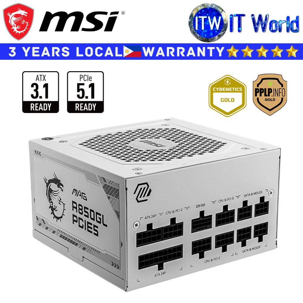 Itw | MSI PSU 850W Power Supply Unit MAG A850GL PCIE5 80+ Gold Full Modular Fluid Dynamic Bearing
