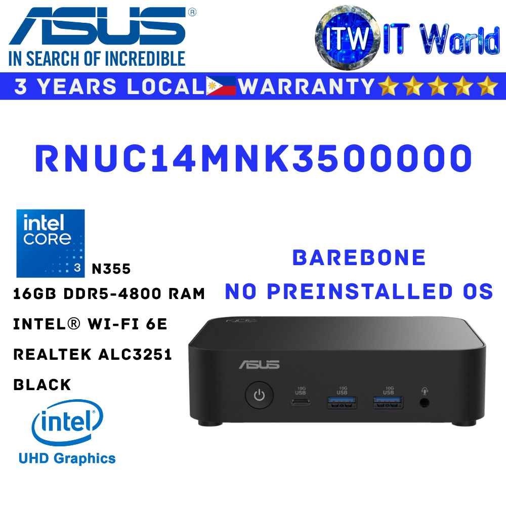 Itw | ASUS Mini PC All in one Desktop PC NUC 14 Barebone Intel N355 16GB RAM (RNUC14MNK3500000)