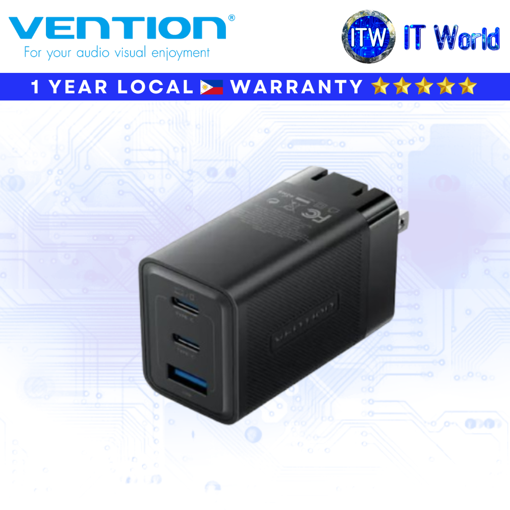 Vention 3-Port GaN Charger 65W (USB-C + USB-C + USB-A) – US Plug Black (FERB0-US)