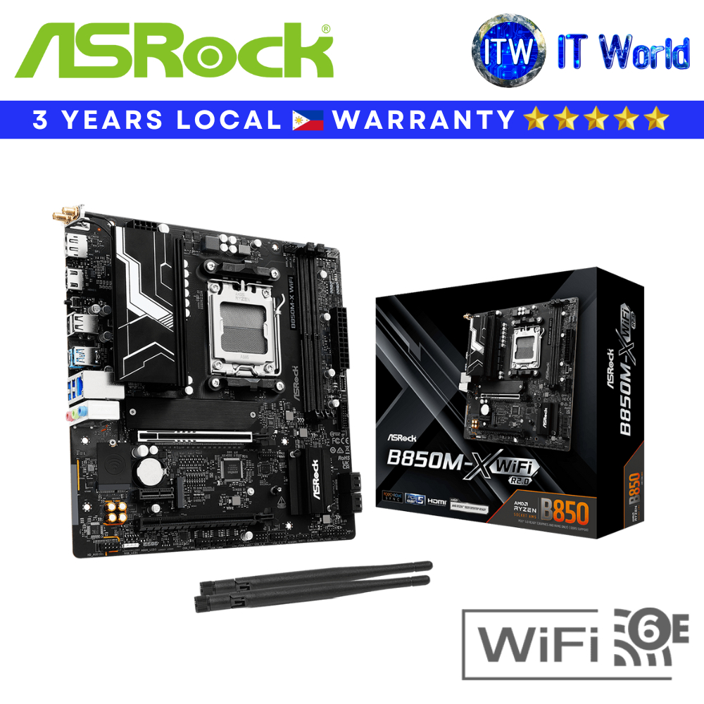 Itw | ASRock Motherboard B850M-X WiFi R2.0 - DDR5, AM5, PCIe, Gen5, Micro ATX, WiFi 6E 2.5G LAN