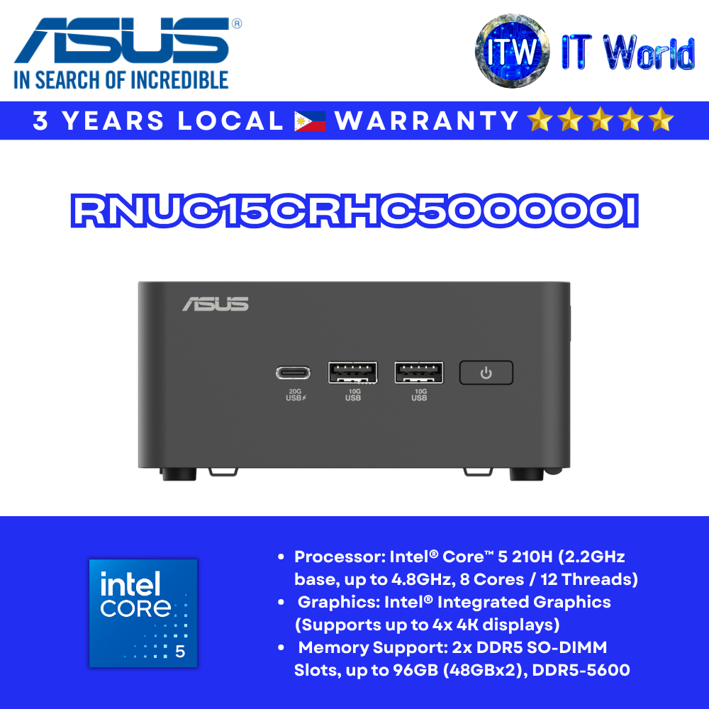 ASUS Mini PC NUC 15 Pro Barebone Intel Core 5 210H/Wifi 7/PCIe Gen5 ready (RNUC15CRHC500000I) | itw