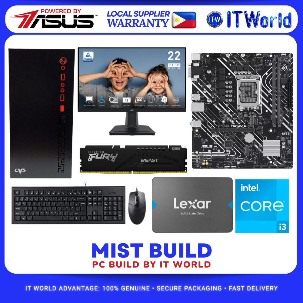 Mist PC Build - ASUS Prime H610M-E, i3-12100, 8GB DDR5 RAM, 240GB SSD + Monitor, Keyboard & Mouse