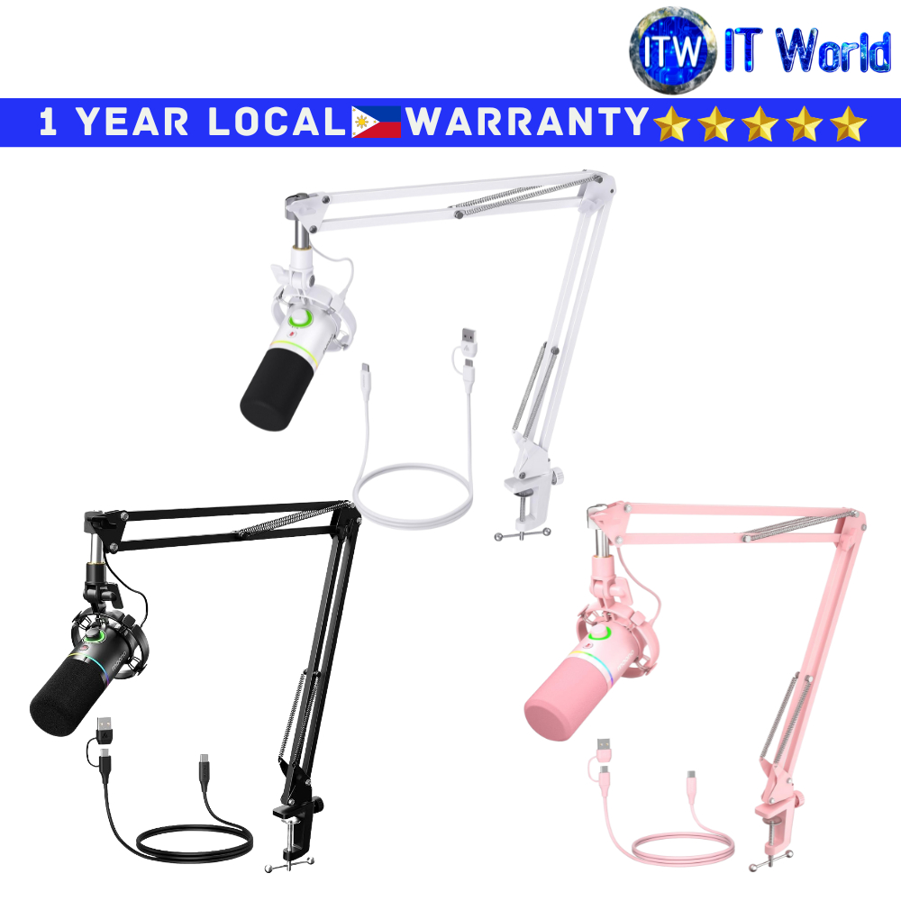 Itw | Maono Gaming Microphone PD200XS RGB USB/XLR Dynamic Set with Boom Arm (Black | White | Pink) (Pink)