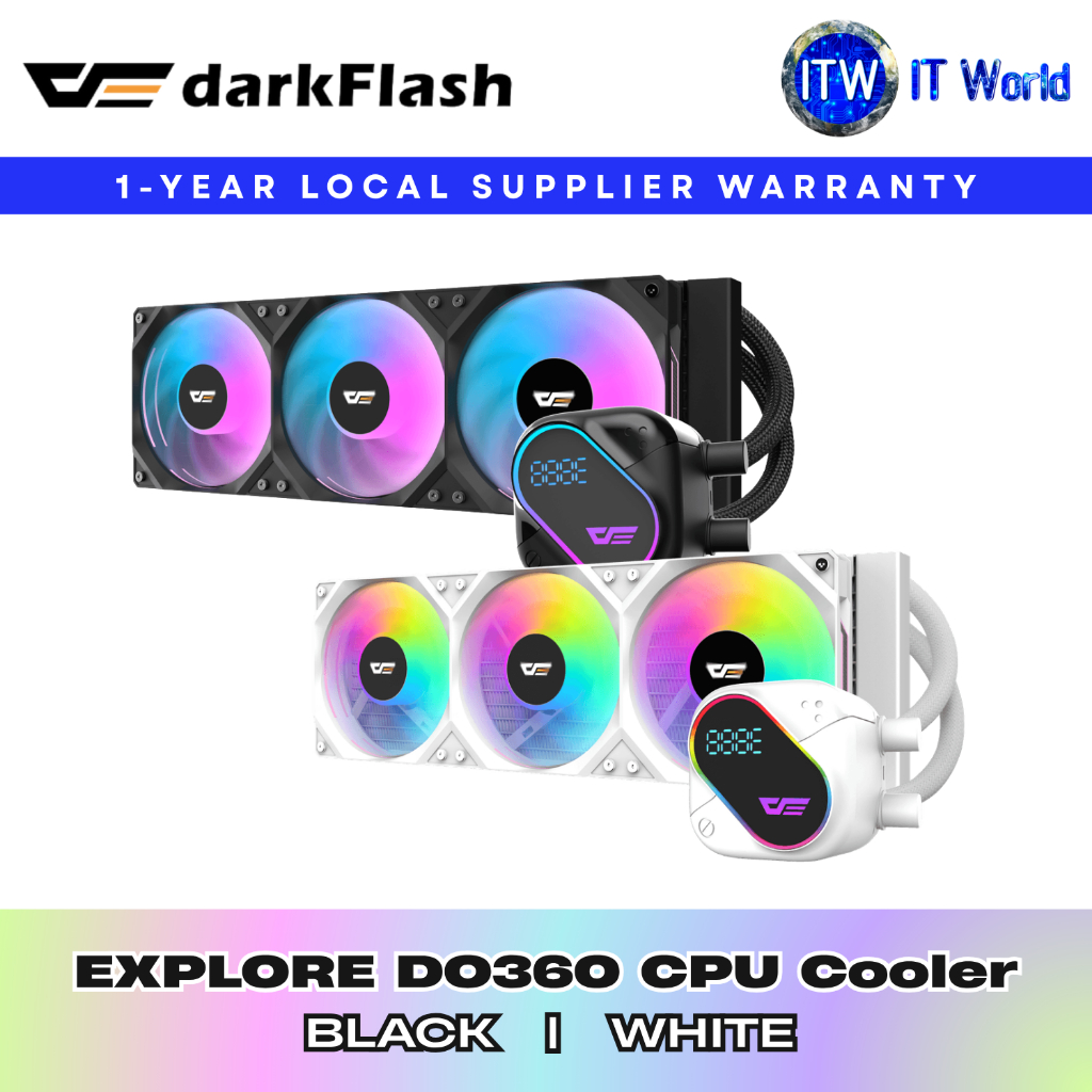 DarkFlash CPU Cooler EXPLORE DO360 ARGB LCD 360mm AIO Liquid Cooler (Black / White) | itw (DO-360 (BLACK))