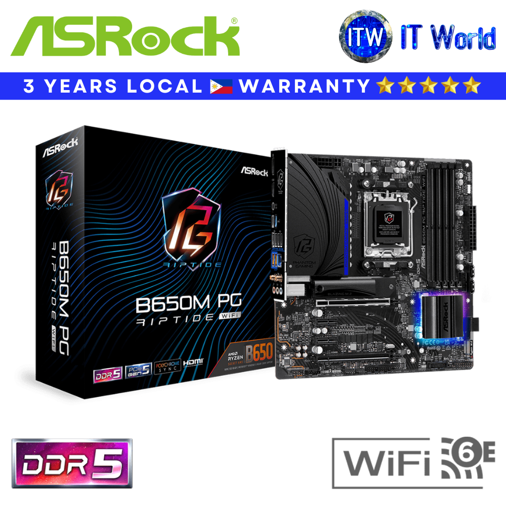 ASRock Motherboard B650M PG Riptide WiFi mATX - DDR5 AM5 PCIe Gen5 WiFi 6E 2.5G LAN