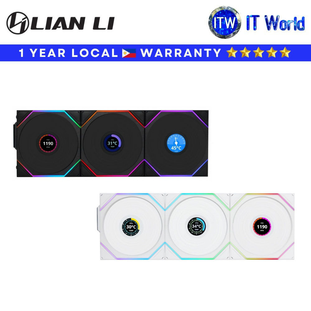 Lian Li Computer PC Fan 3x120mm UNI FAN TL Reverse Wireless LCD RGB Case Fan (Black | White) | itw (White)