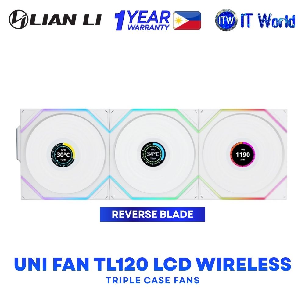 Lian Li Uni Fan TL120 LCD Wireless Reverse Blade Triple Case Fans White - 12RTLLCD1W3W