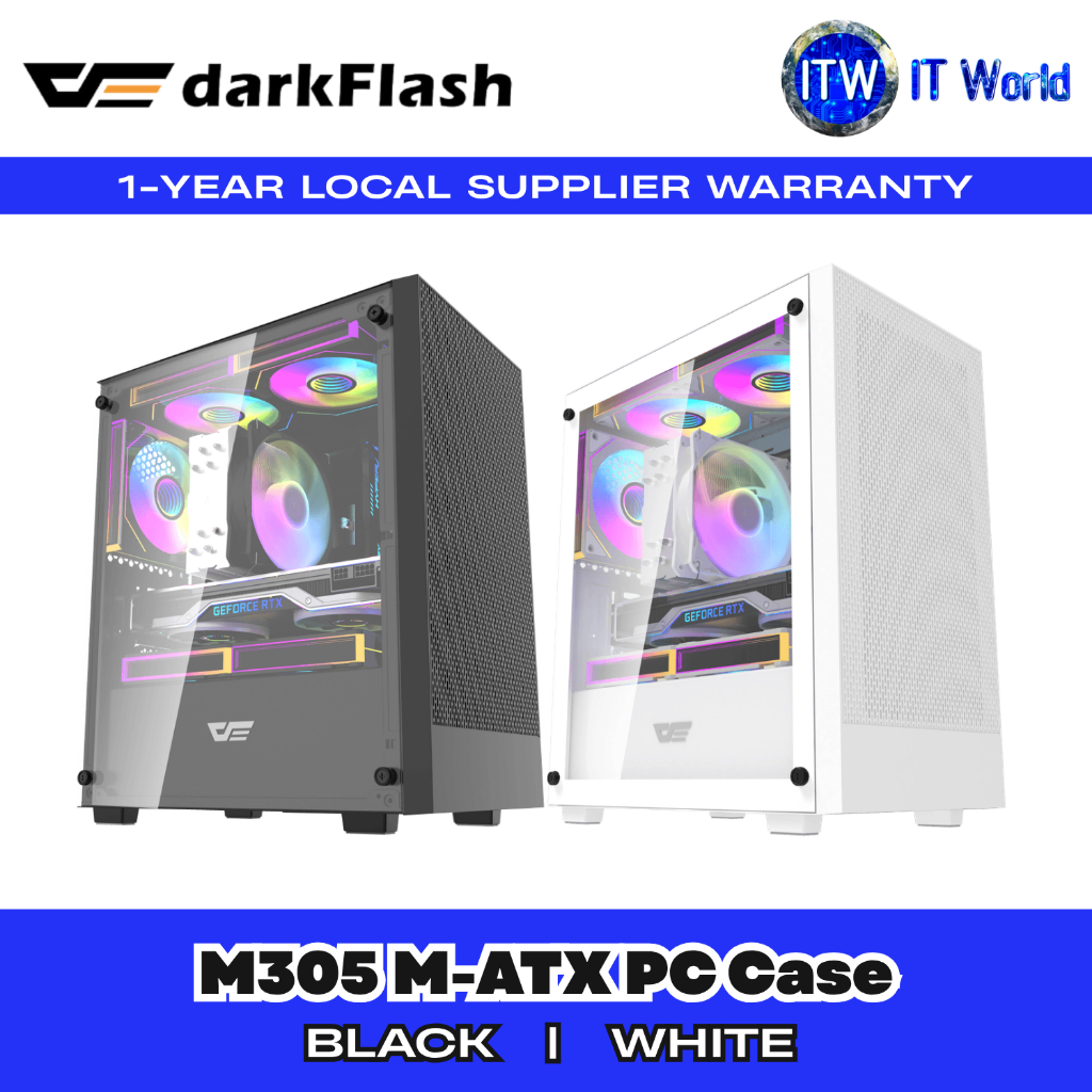 Darkflash PC Case M305 M-ATX - Tempered Glass / 7 Fan Support / USB 3.0 Ready (Black | White) | itw (M305 (BLACK))