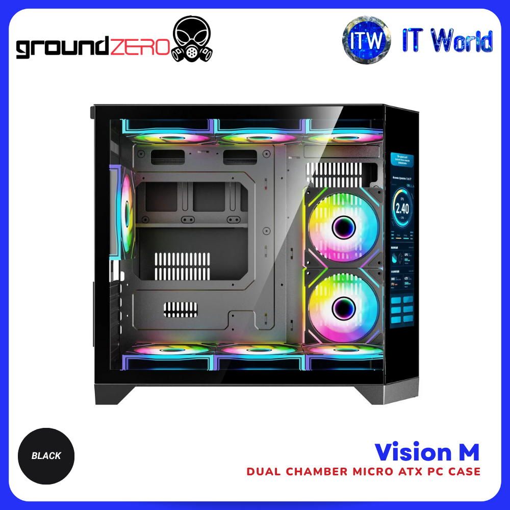 GroundZERO Vision M Dual Chamber Micro ATX Gaming Case with LCD Display itw