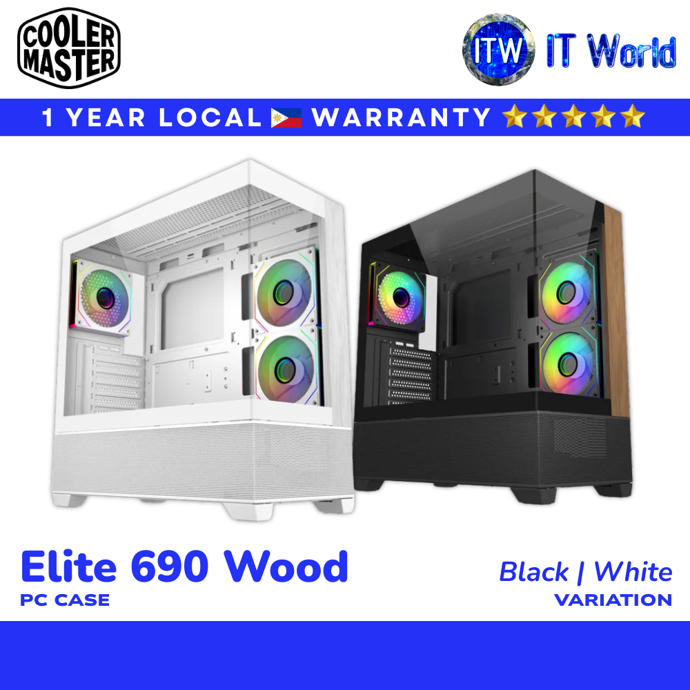 Cooler Master PC Case Elite 690 Wood | Mid Tower | ATX | Dual TG | 360mm Rad | Wood Accent | itw (Black)