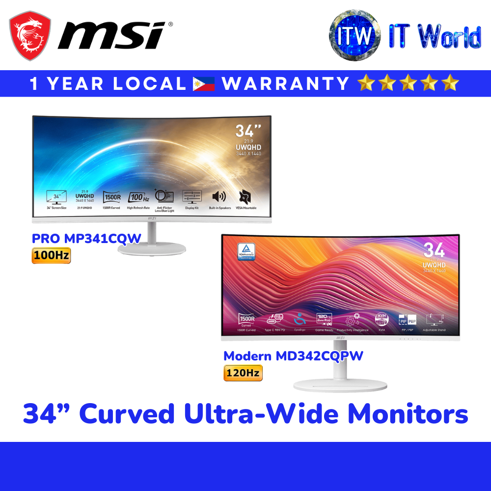 MSI 34” Curved Ultra-Wide Monitors UWQHD (3440x1440) – Modern MD342CQPW / PRO MP341CQW | itw