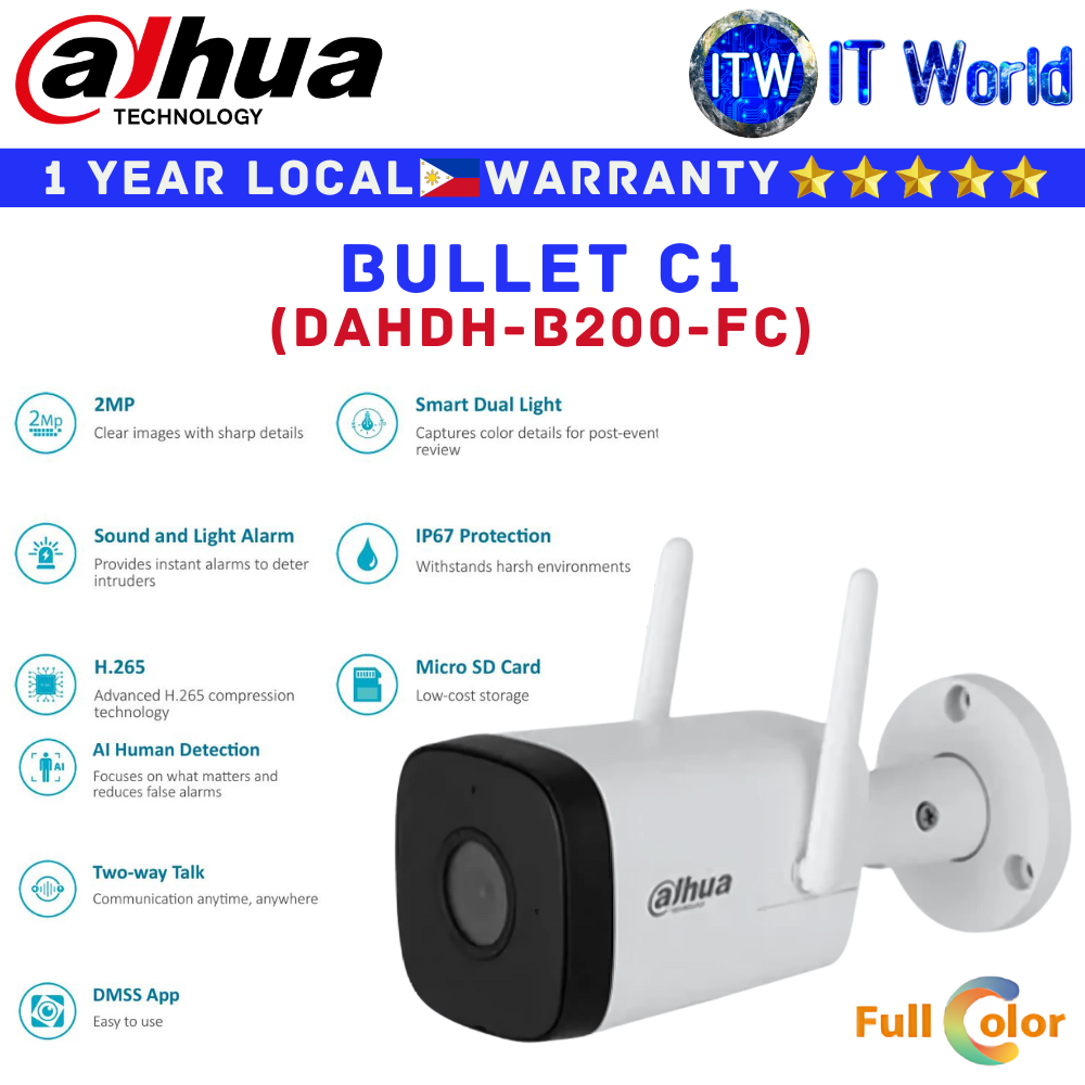 Dahua CCTV Security Camera Bullet C1 Full Color 2MP Fixed-focal Wi-fi Network (DAHDH-B200-FC) | itw