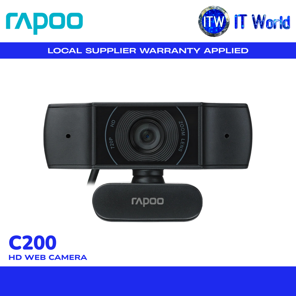 Rapoo C200 Web Camera | 720P HD / Wide-Angle / Noise-Canceling Mic / USB Plug & Play | itw